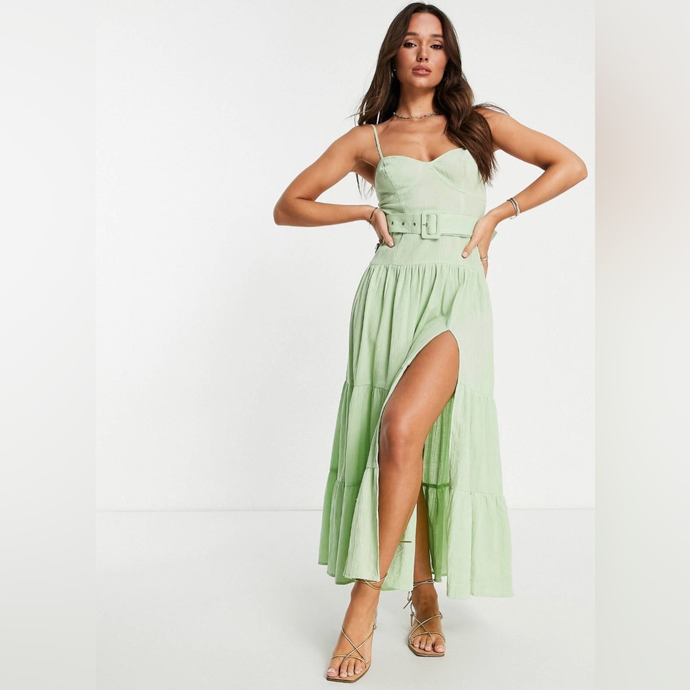 ASOS belted midi dress is light sage green